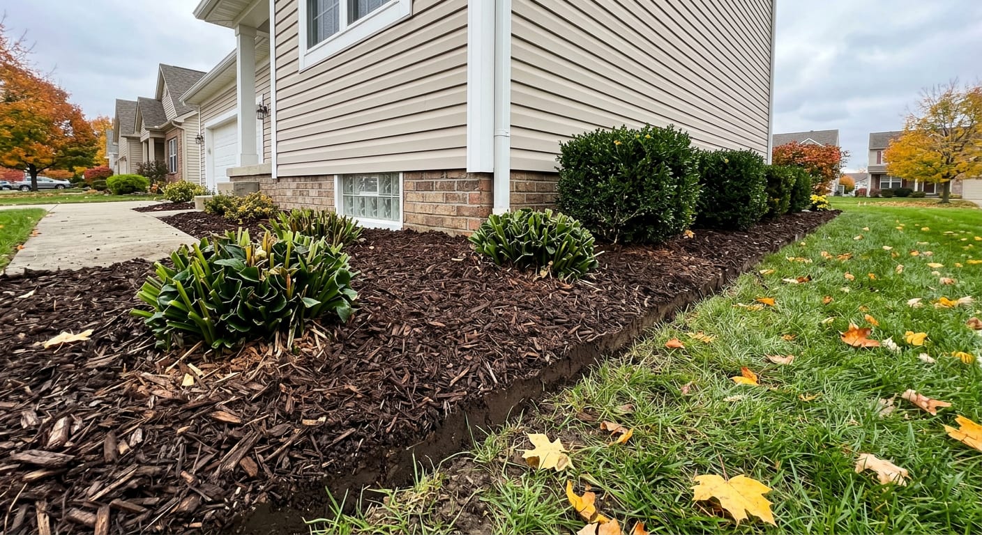 Cleaned-out flower bed with trimmed shrubs, fresh mulch, and a crisp edge