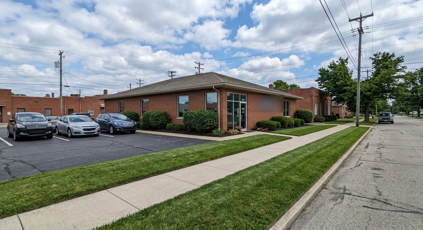 Neatly mowed lawn strips along a small brick commercial building
