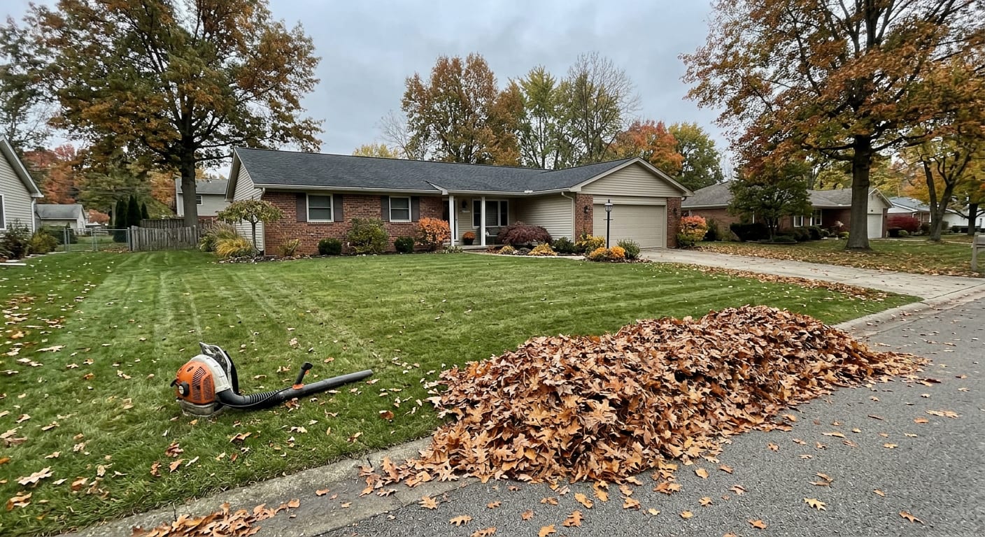 Front yard cleared of leaves with a large leaf pile at the curb