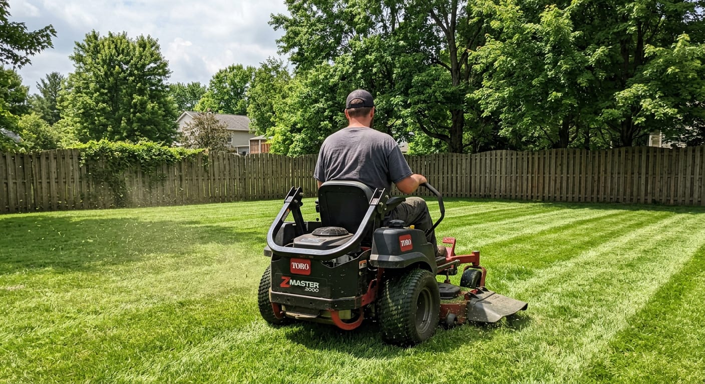 Zero-turn mower cutting stripes into a fenced backyard lawn